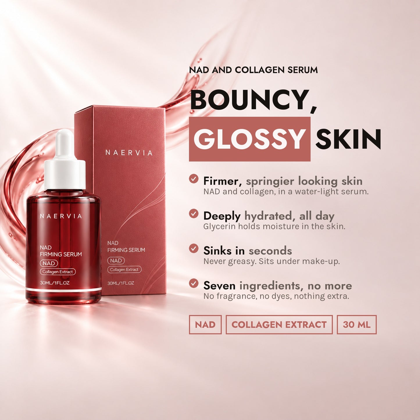 Bouncy, glossy skin. Firmer looking, deeply hydrated, sinks in seconds, seven ingredients.