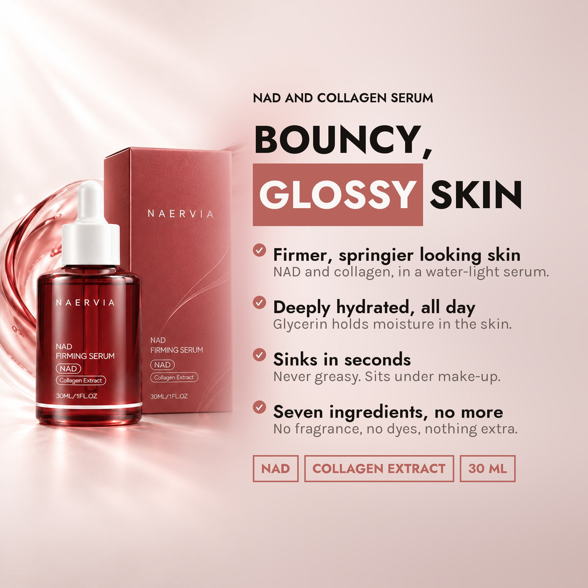 Bouncy, glossy skin. Firmer looking, deeply hydrated, sinks in seconds, seven ingredients.